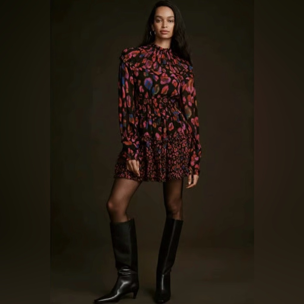 Farm Rio XS Iridescent Leopard Ruffled Mini Dress Black Pink  Tiered Long Sleeve